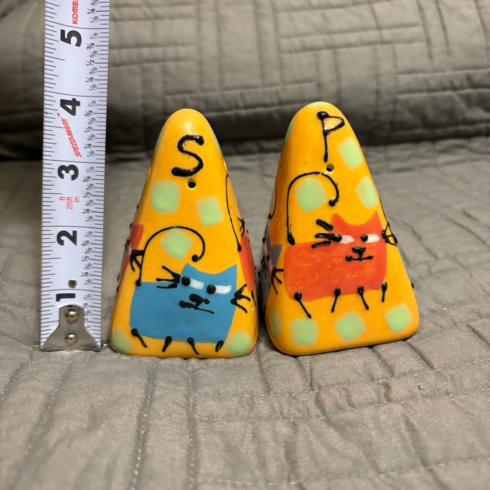 Vintage RARE Cats Salt & Pepper Shakers Hand Painted Triangle Polka Dots Orange - Picture 14 of 14